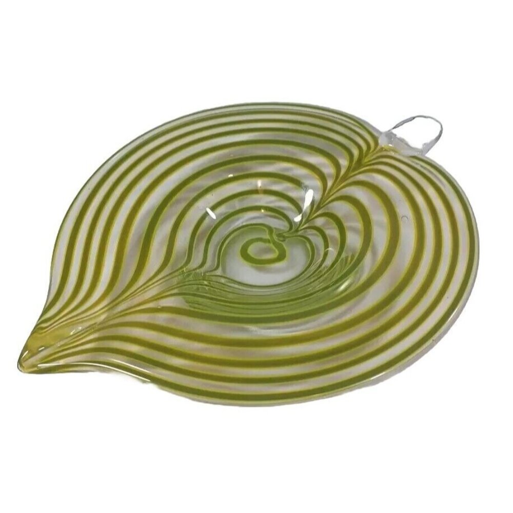Mid Century Murano Centerpiece Bowl Tyra Lundgren Leaf Stripes Green Yellow - Picture 8 of 16